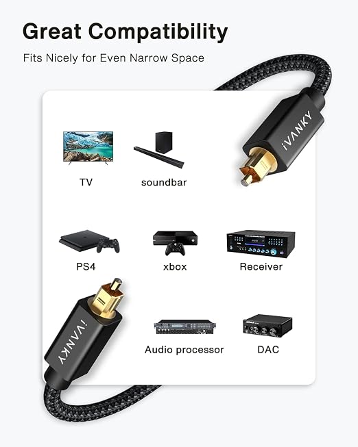 IVANKY Optical Audio Cable 3.3ft/1M, Nylon Braided, 24K Gold-Plated, Slim Metal - Image 6