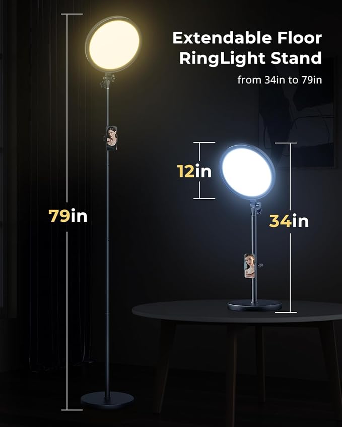 Aureday 12” Ring Light with Stand and Phone Holder, 79” Tall LED Circle Light - Image 4