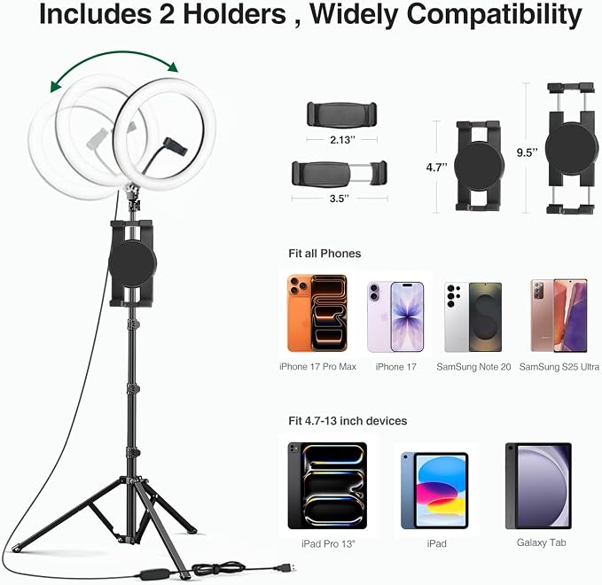 Elitehood 12’’ Ring Light with Tripod Stand & iPad/Phone Holder, Dimmable - Image 2