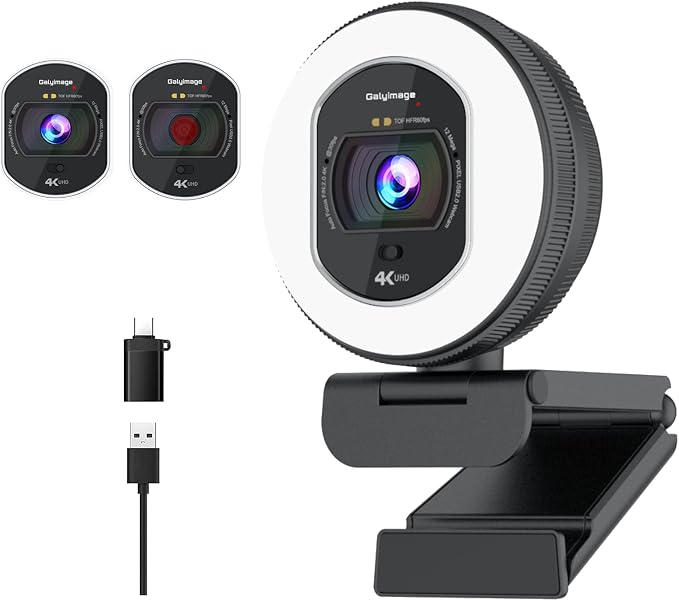 4K Webcam with Ring Light Web Cam 4K Autofocus with TOF Computer Camera 1080P by Galyimage