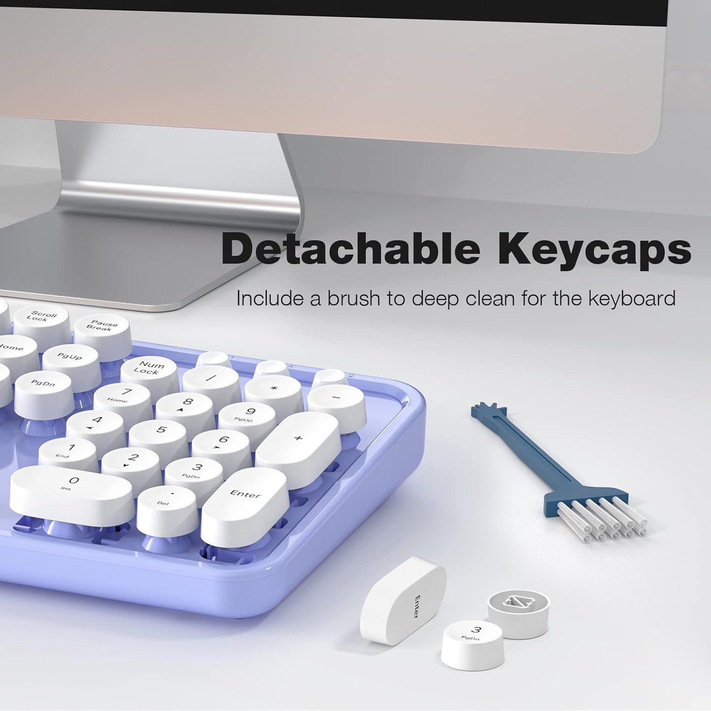 Wireless Keyboard and Mouse Combo, MOWUX Full Size Typewriter Retro Round Computer Keyboard, Mouse Wireless, Plug and Play, for Laptop, PC, Computer- Purple