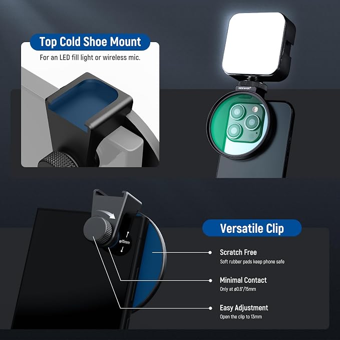 NEEWER 67mm 1/4 Black Diffusion Filter & Cold Shoe Phone Clip, Pouch & Lens - Image 5
