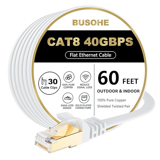 BUSOHE Cat 8 Ethernet Cable 60 FT, 40Gbps 2000Mhz High Speed Flat Cat8 Cable by BUSOHE