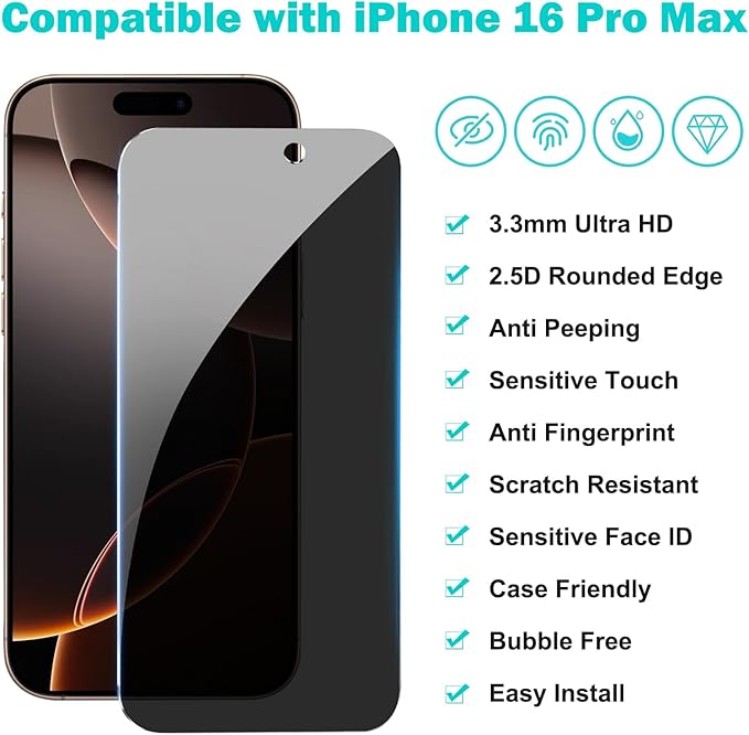 PEHAEL 3+3 Pack for iPhone 16 Pro Max Privacy Screen Protector - Image 2