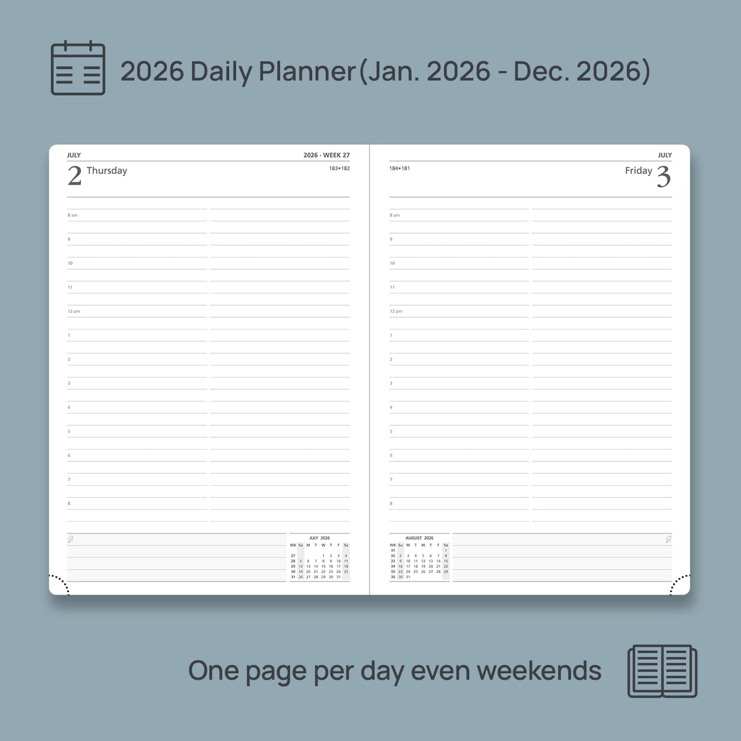 POPRUN 2026 Daily Planner One Page Per Day Even Weekends A4 Large Size (8.5" x 12") - 12 Months Calendar Hourly Appointment Book with Inner Pocket, Pen Holder, Hardcover - Pacific Green