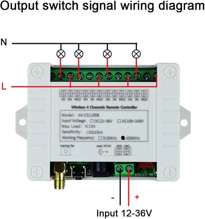 DC 12V 24V 36V 4CH Remote Control Switch 433Mhz 10A Wireless Remote Control - Image 6