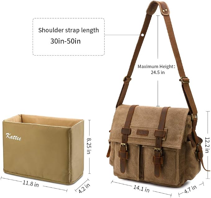 Kattee Leather Canvas Camera Bag Vintage DSLR SLR Messenger Shoulder Bag - Image 3
