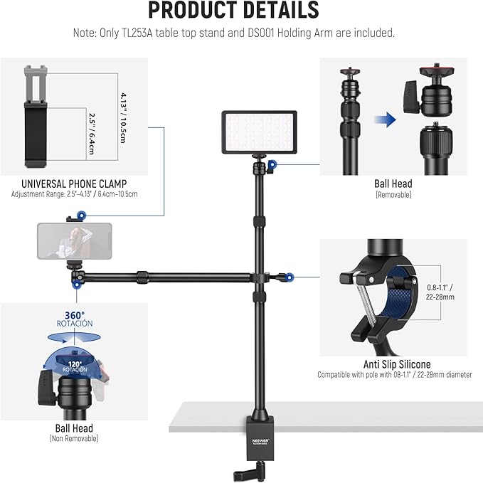 NEEWER Desk Stand with 2 Telescopic Boom Arms Phone Holder - Image 5
