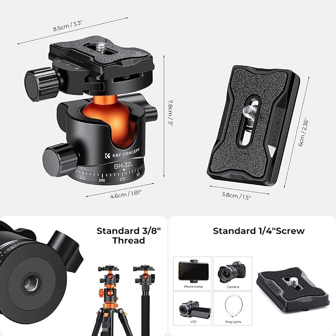 K&F CONCEPT 32mm Metal Tripod Ball Head 360 Degree Rotating Panoramic - Image 4