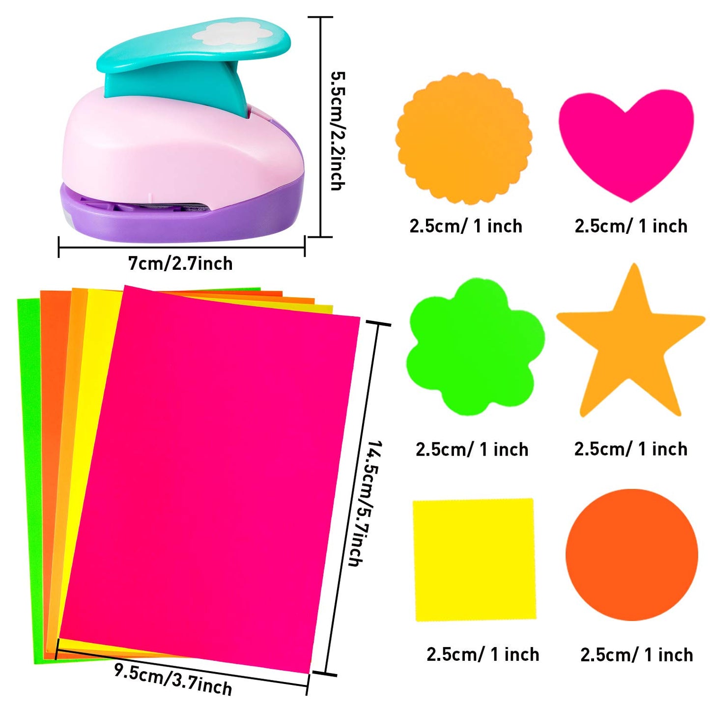 CHENGU 16 Pcs Craft Holes Punch Paper Punchers Scrapbook Punches with Craft Sticker Paper, Round, Star, Square, Heart, Flower, Wave Circle Shape(1 Inch,Multiple Styles)