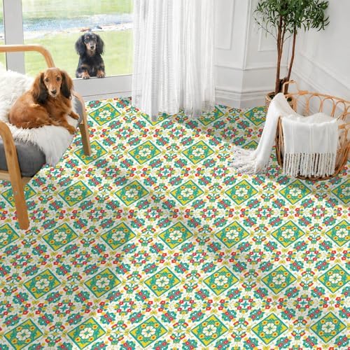 IVN Teal Yellow Floral Peel and Stick Floor Tiles 12x12 Inch 10PCS - Image 2