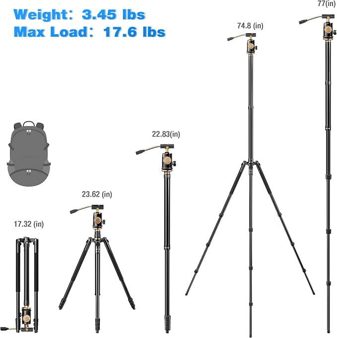 YoTilon Tripod for camera 77.2'', Aluminum Camera Tripod & Monopod - Image 2