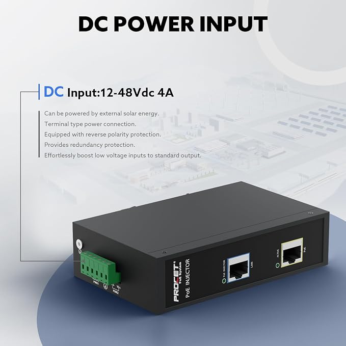 PROCET 10 Gbps PoE+ Gigabit Injector Din Rail, 30W Industrial Boost PoE Adapter - Image 2