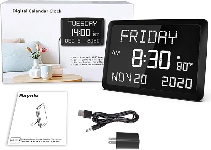 Raynic Digital Clock, 11.5" Large Display Calendar Clock - Image 7