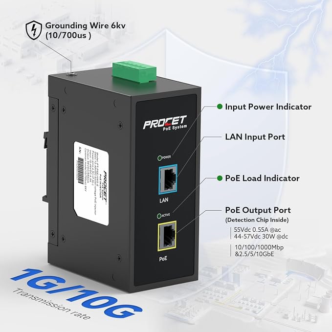 PROCET 10 Gbps Gigabit PoE+ Injector Din Rail, 30W Industrial PoE Adapter - Image 3