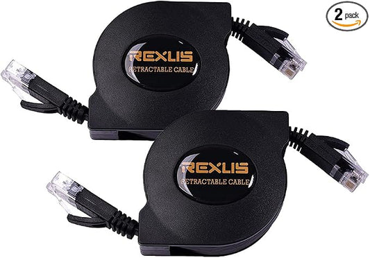 REXUS 2-Pack Retractable Cat 6 Flat Ethernet Network Cable 6.6 FT, 10 Gigabit by REXUS