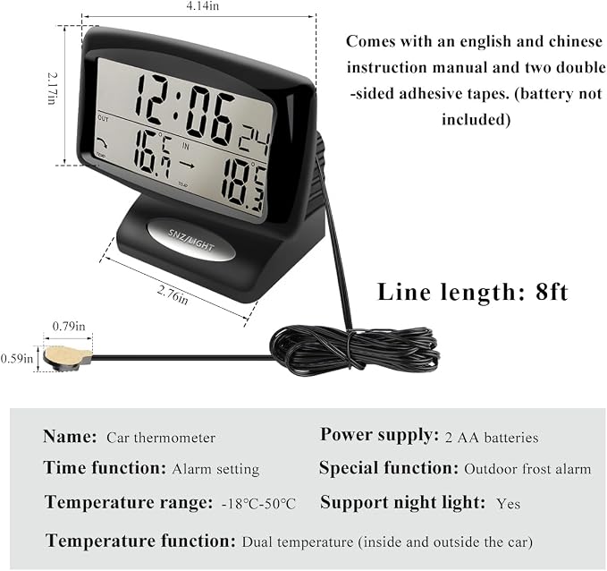 Car Digital Thermometer Clock, 2 in 1 Easy to Read Car Indoor Outdoor - Image 2