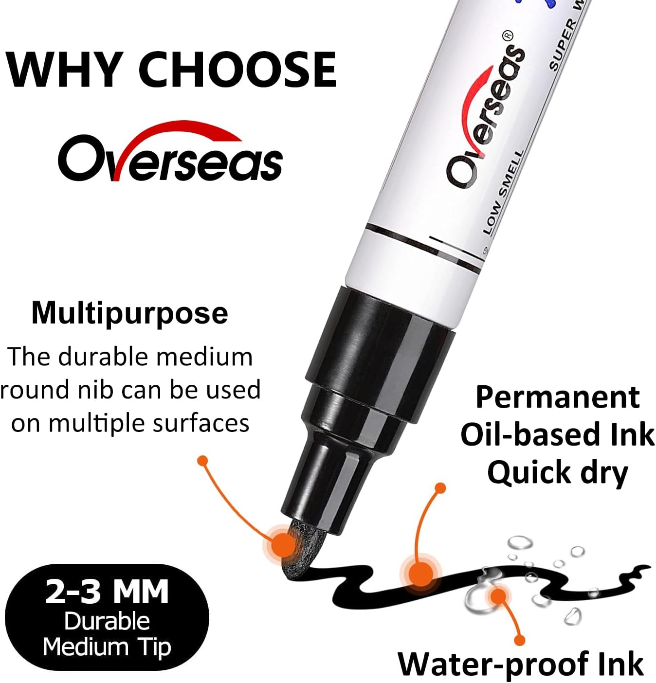 Overseas Black Paint Pens Permanent Markers 24 Pcs, Oil Based Paint Markers Set, Quick Drying, Waterproof, Medium Tip Marker Pens for Metal, Rock, Wood, Plastic, Canvas, Glass, Stone, Rubber, Paper