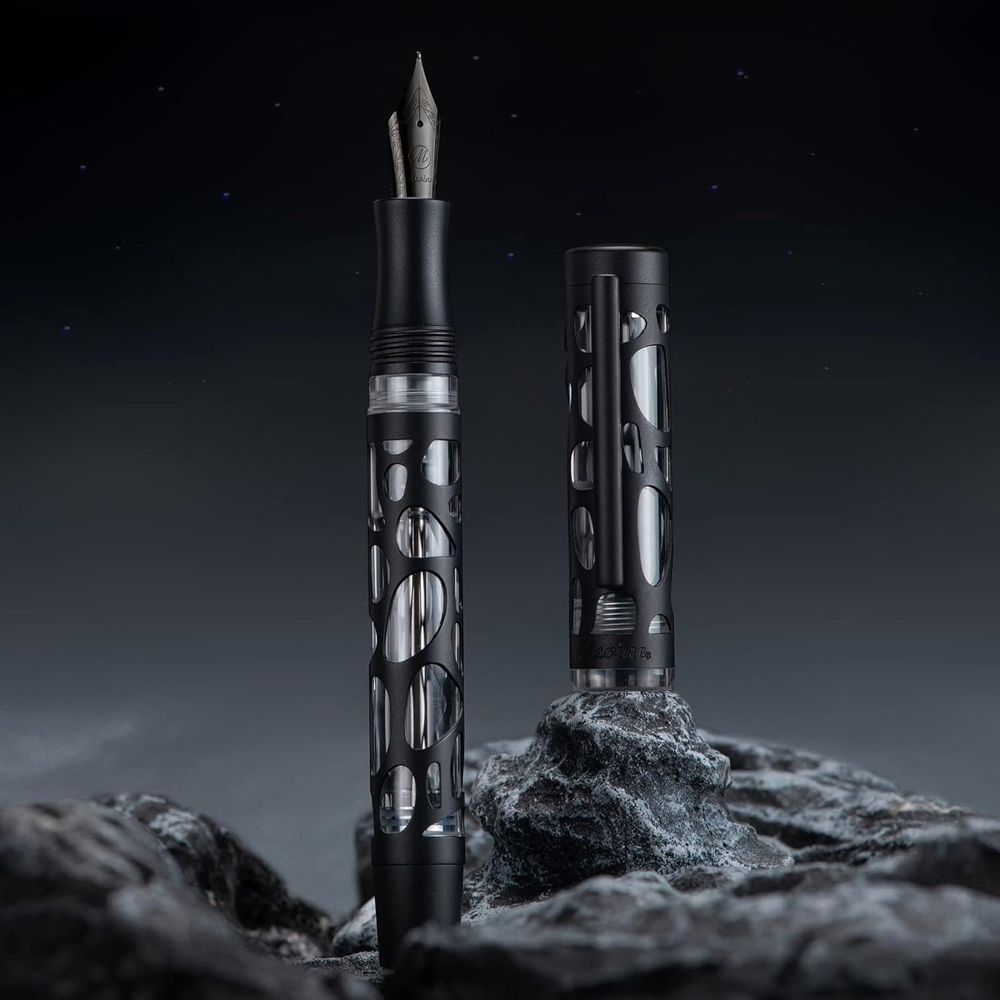 Asvine V169 Vacuum Filling Fountain Pen, Matte Black Water Drop Skeleton Transparent Acrylic Pen, Black Fine Nib Office Pen with Case Set