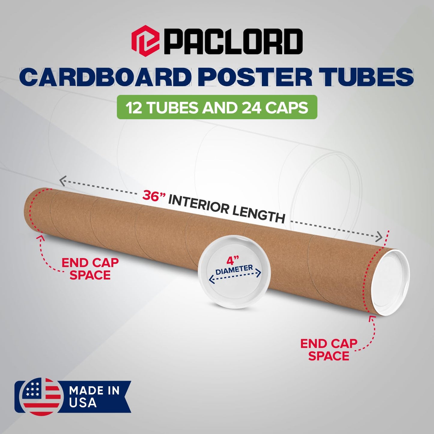 4" x 36" Reinforced Kraft Paper Mailing Tubes, Pack of 12 Tubes with 2 Caps Each – USPS Approved Poster Tube – Made in USA Cardboard Tube for Shipping and Storing Posters, Prints, Artwork, Documents