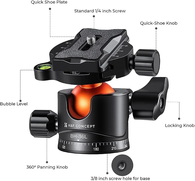 K&F CONCEPT 36mm Metal Tripod Ball Head 360 Degree Rotating Panoramic - Image 6