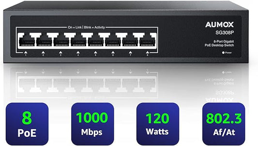 8 Port Gigabit PoE Switch, 8 Port PoE 120W, Gigabit Ethernet Unmanaged Network by AUMOX