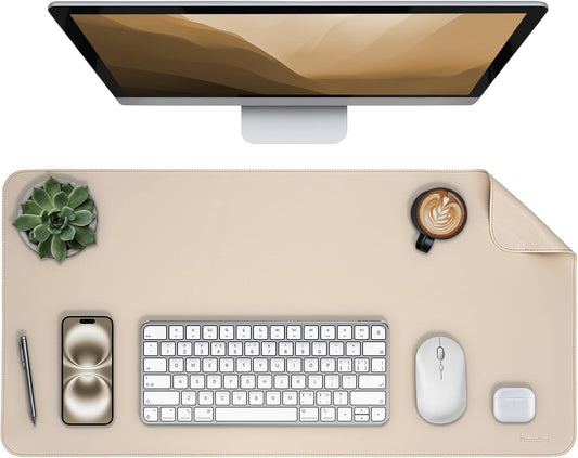 Oversized Non-Slip Desk Pad Protector – Grips Desk Firmly, Anti-Slip Like You've Never Seen! Vegan Leather Waterproof Laptop Mat for Keyboard & Mouse – Large Office Pad– Warm Beige