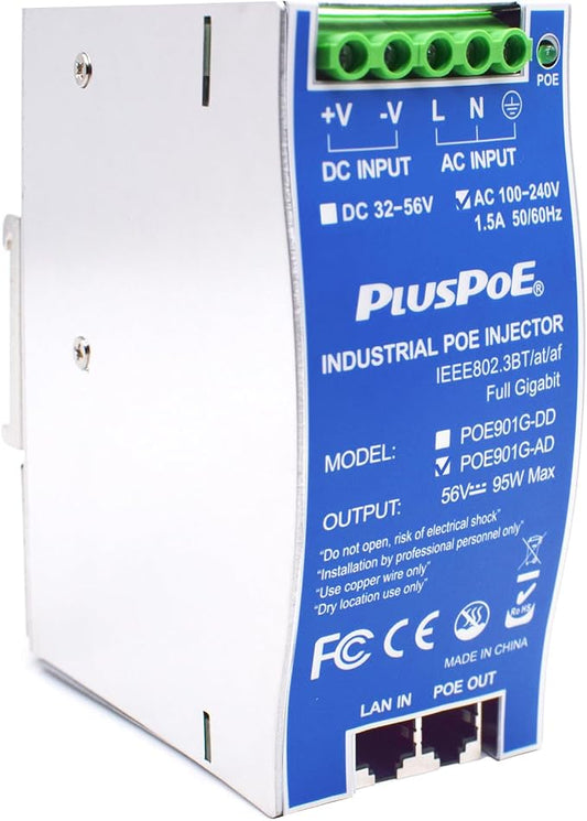 Gigabit Industrial PoE++ Injector 95W IEEE 802.3BT/at/af Compliant, Input by PLUSPOE