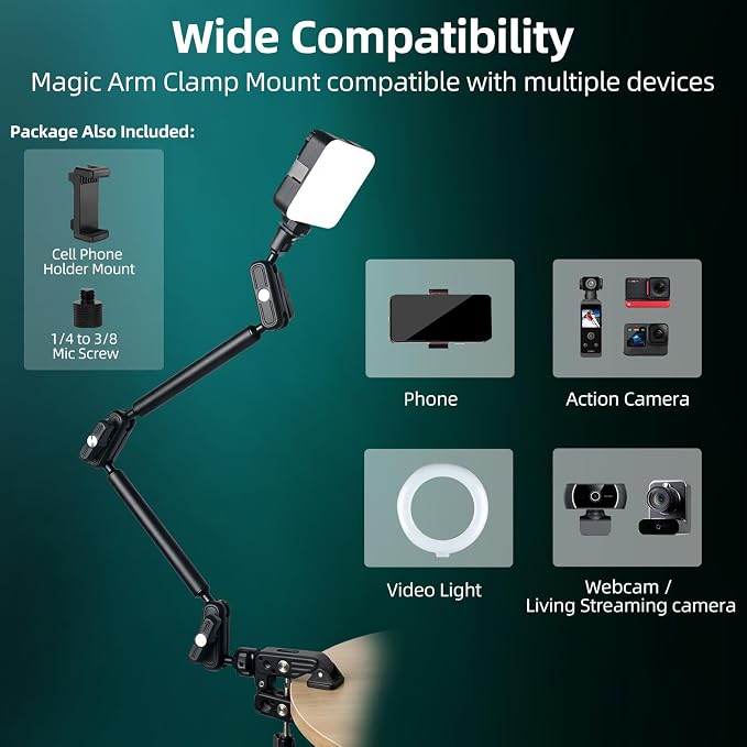 22" Magic Arm Clamp, Overhead Phone Mount Holder Stand, Flexible Desk Camera - Image 2