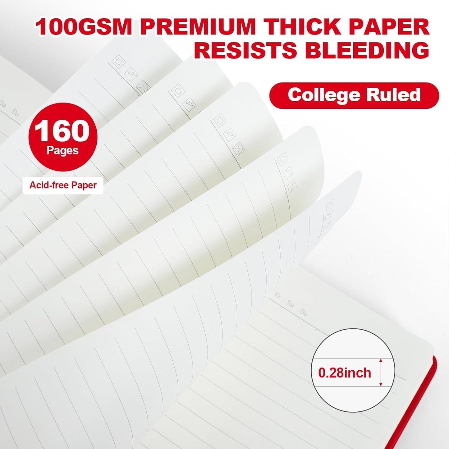 Lined Journal Notebooks, 160 Pages, 5.5x 8.2-Inch Journals for Women Men, Hardcover Notebook with 100 gsm Thick Paper, A5 Size College Ruled Notebook for Writing/Travel/Work (Red, 6 Pack)