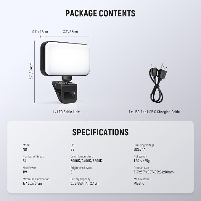 NEEWER Entry Level Version LED Selfie Light, 54 LEDs Plastic Clip on Phone Fill - Image 8