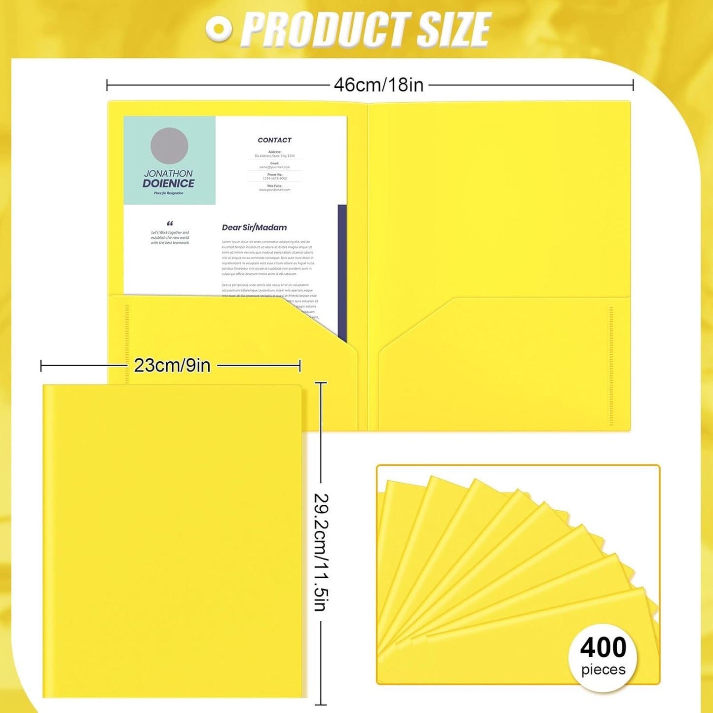 Gueevin 400 Pcs Two Pocket Folders Bulk Plastic File Folder with 2 Pockets Letter Size Paper Heavy Duty Durable Portfolios Case for Home Office School Business 11.61 x 9.45 Inch (Yellow)