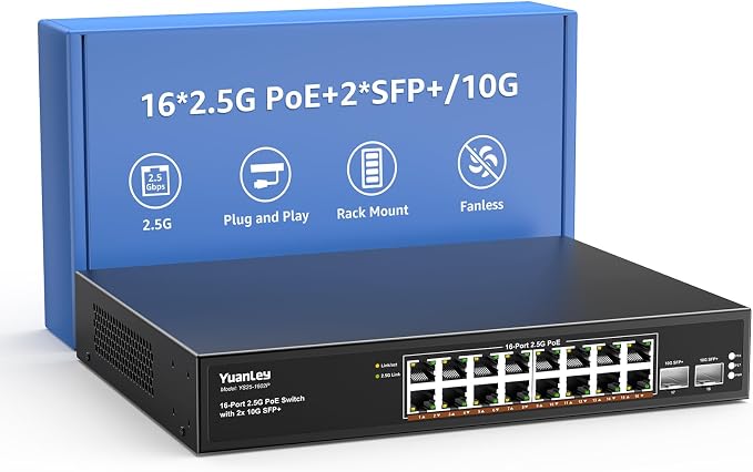 YuanLey 18 Port 2.5G PoE Switch Unmanaged, 16 x 2.5G Base-T PoE Ports, 2 x 10G by YuanLey