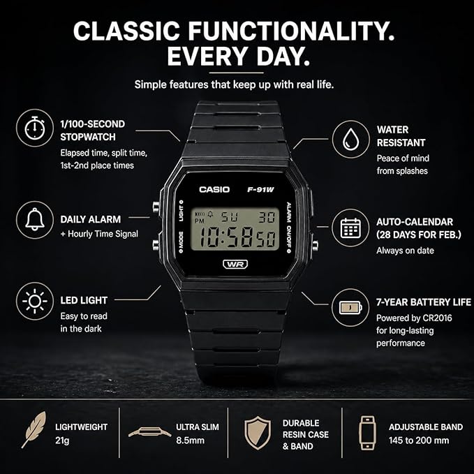 Casio F91W Series | Digital Watch | Water Resistant | LED Light | 1/100 SEC - Image 3
