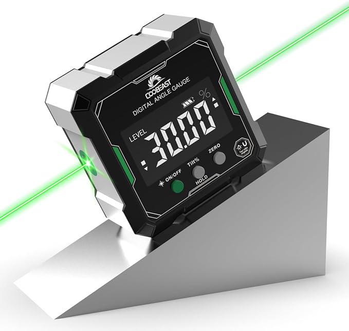 Digital Angle Finder with Green Laser, 4-side Magnetic Digital Laser Level by Coobeast