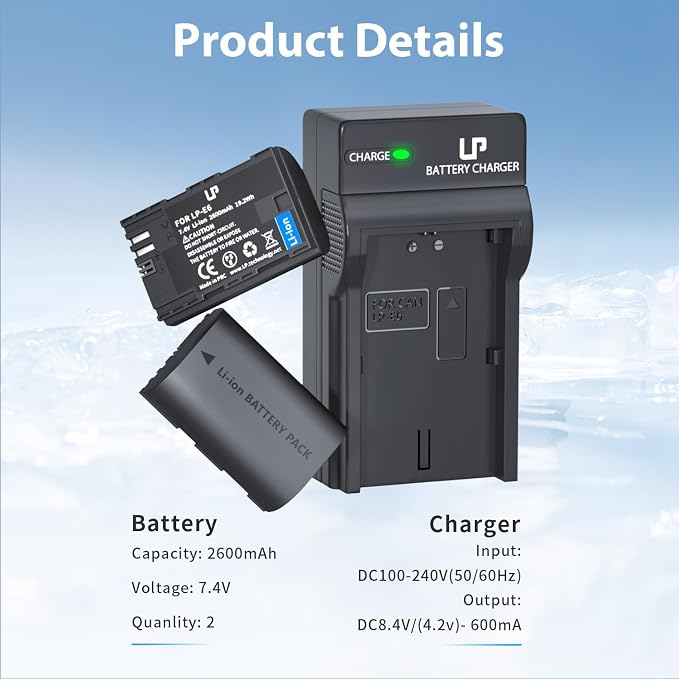LP LP-E6 LP-E6N Battery and Charger Pack, 7D Mark II, 6D Mark II, 5D Mark IV - Image 5