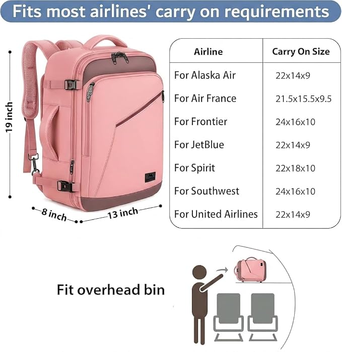 MATEIN Pink Travel Backpack for Women, 40L Water Resistant Carry on Backpack - Image 2