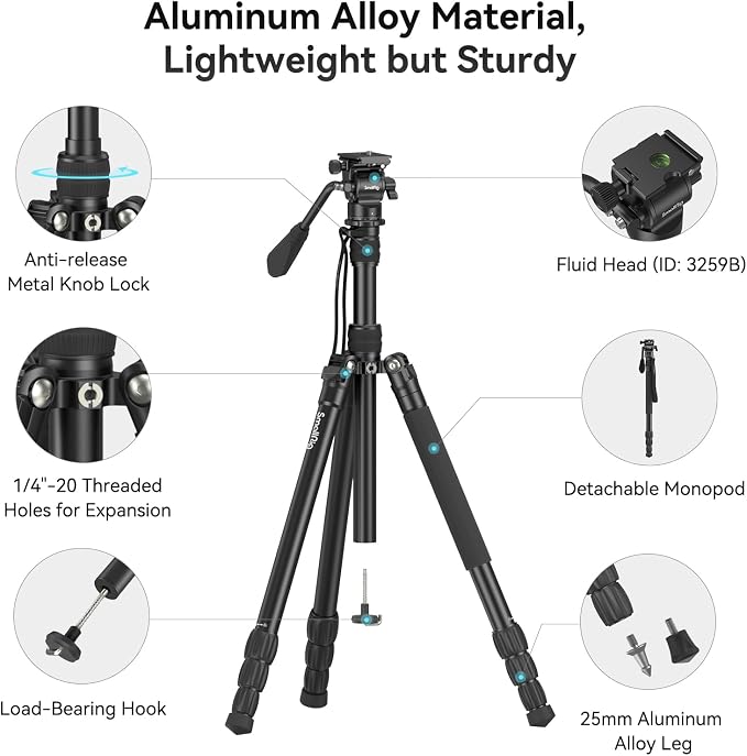 SmallRig CT180 Video Tripod, Aluminum Camera Tripod, 360° Panorama Fluid Head - Image 7