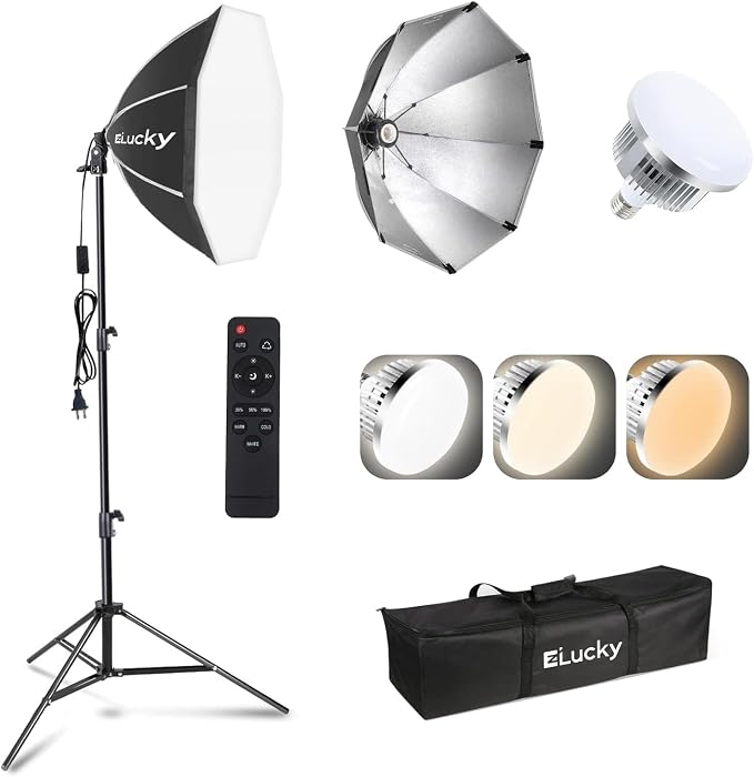 EZLucky 20" Octagonal Softbox Lighting Kit, 85W Dimmable LED Bulb 3000K-6500K by EZLucky