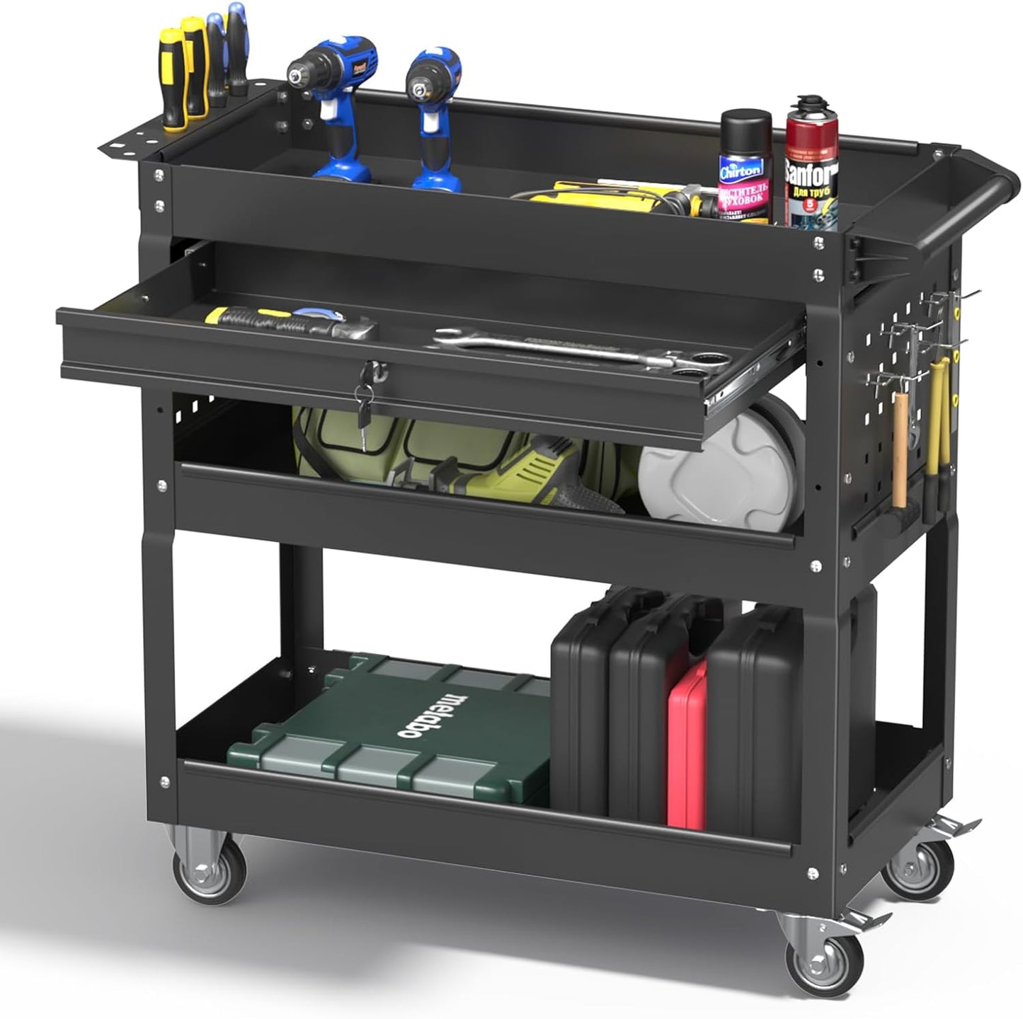3 Tier Rolling Tool Cart, 400 LBS Capacity Mechanic Tool Carts on Wheels, Heavy Duty Utility Cart with Drawers, Metal Work Cart for Garage, Warehouse and Repair Shop, Matte Black