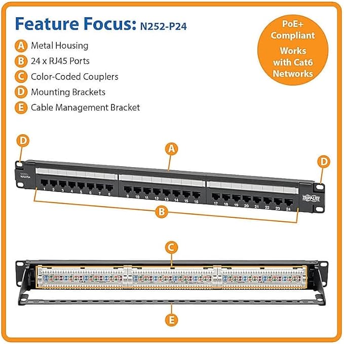 Eaton Tripp Lite Cat6 24-Port PoE+ Patch Panel, RJ45 Ethernet, 1U Rackmount - Image 6