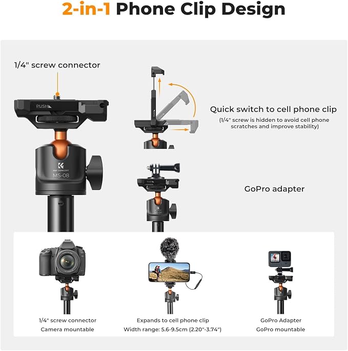 K&F CONCEPT MS08 62'' Phone Selfie Stick Tripod, 2-in-1 Extendable Cell Phone - Image 3