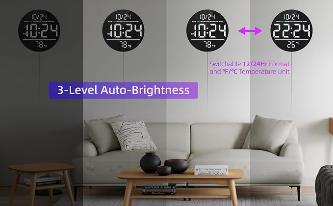 Digital Wall Clock with Large LED Display, Temperature, Auto-Brightness | Small - Image 5