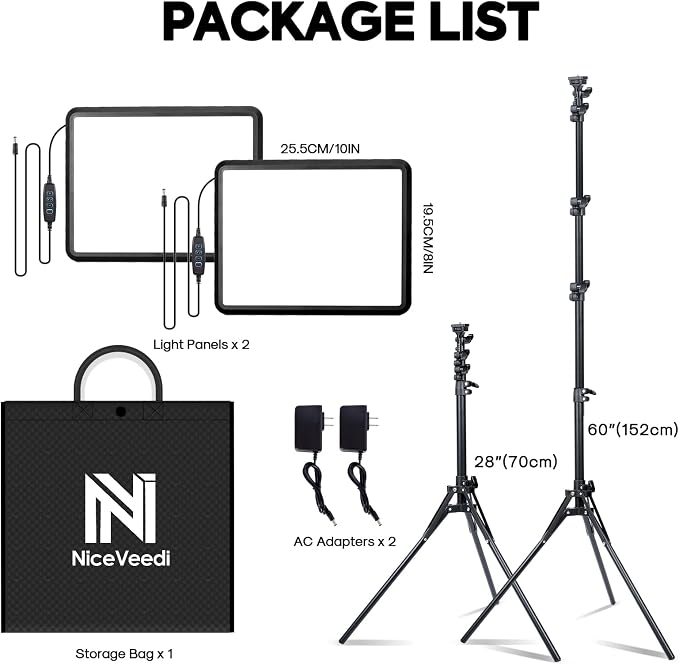 2-Pack Photography Lighting Kit, NiceVeedi 25W LED Video Light Kit, 2900-7000K - Image 7