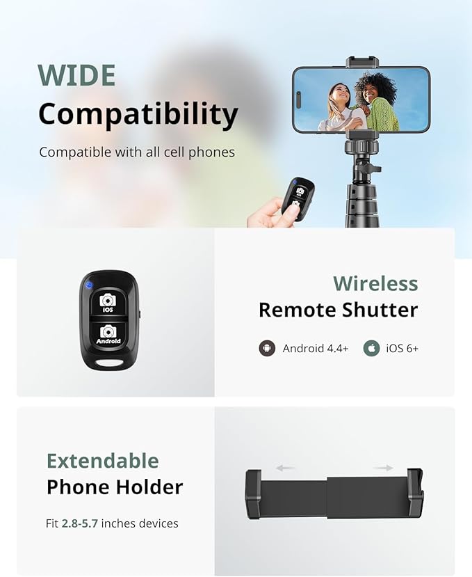 SENSYNE 62" Phone Tripod & Selfie Stick, Extendable Cell Phone Tripod Stand - Image 6
