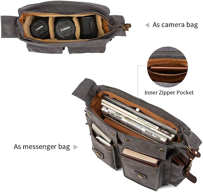 Kattee Leather Canvas Camera Bag Vintage DSLR SLR Messenger Shoulder Bag - Image 4