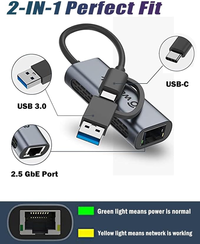 Wavlink USB C to Ethernet Adapter 2.5 Gbps, 2-in-1 USB to 2.5G Ethernet Adapter - Image 2