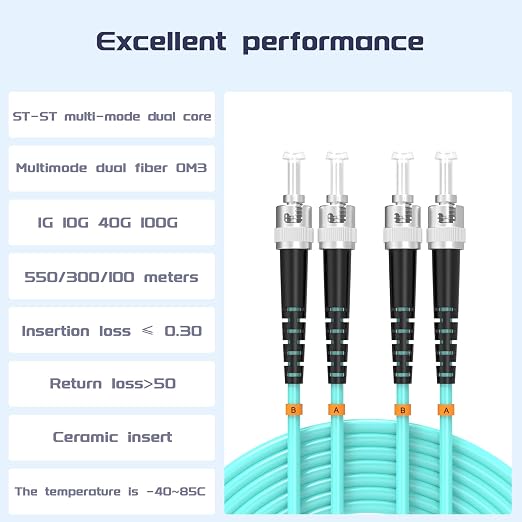 OM3 Fiber Patch Cable ST/UPC to ST/UPC 164ft/50meters 10BG/Gigabit Multimode - Image 2