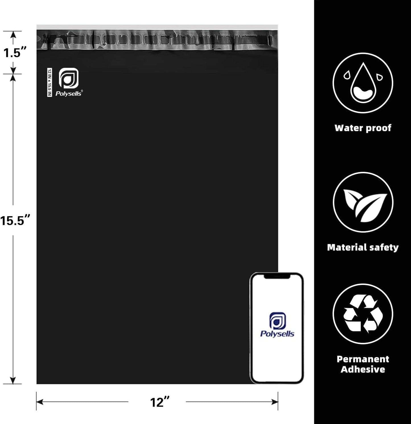 POLYSELLS 100 pcs 12x15.5 Inches Black Poly Mailers Shipping Envelopes, Strong Adhesive Sealing, Waterproof, and Tear-resistant Postal Mailing Bags for Clothing, Books, and Accessories