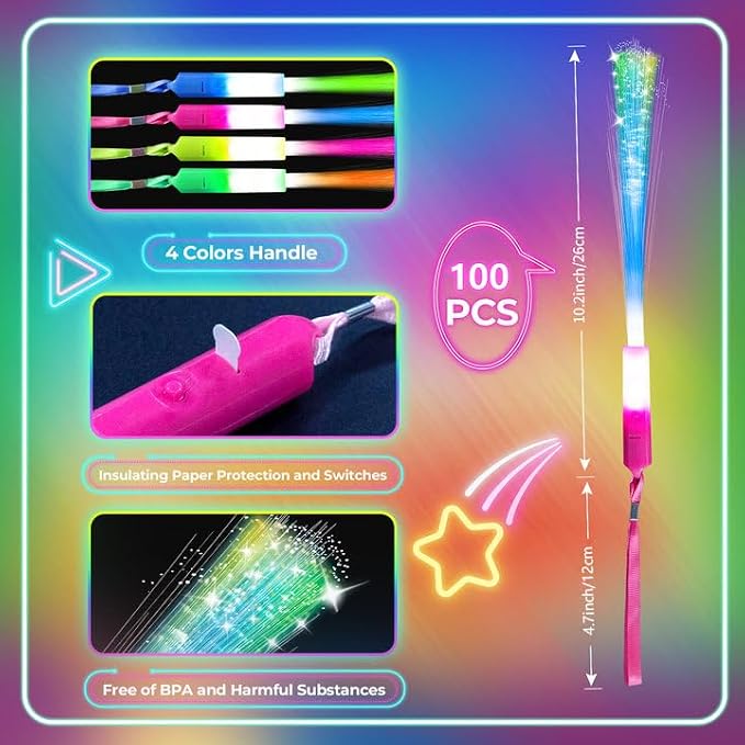 SHQDD 100 PCS Glow Fiber Wands Sticks, LED Light Wands, Glow in The Dark Party - Image 2